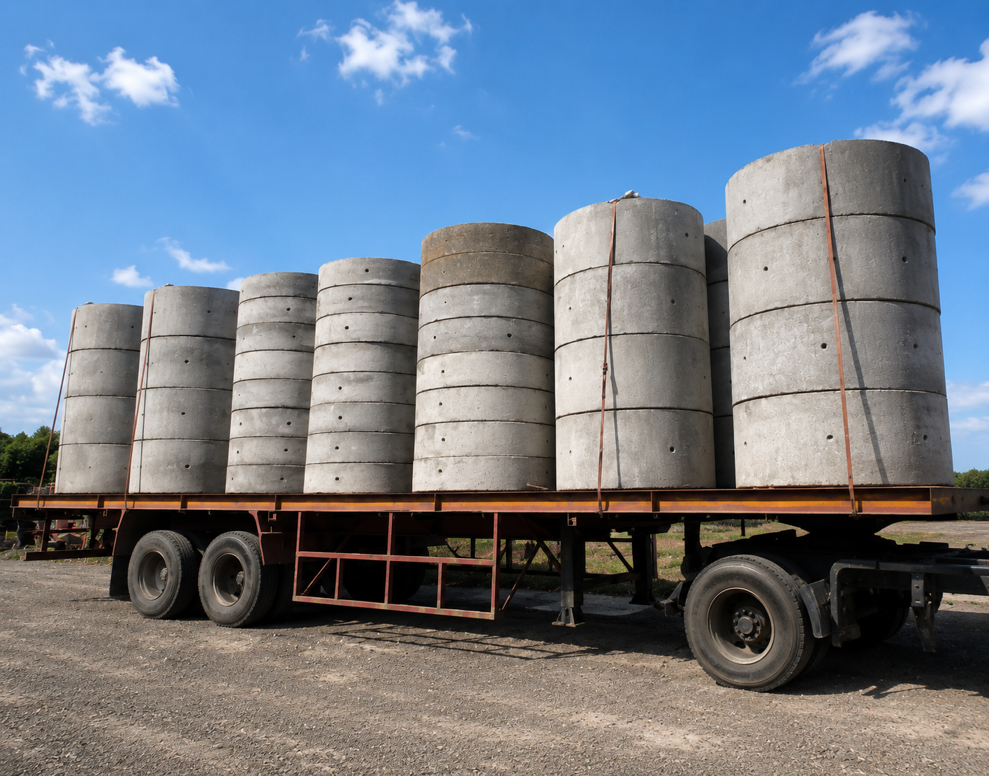 Manhole rings concrete stacked on truck