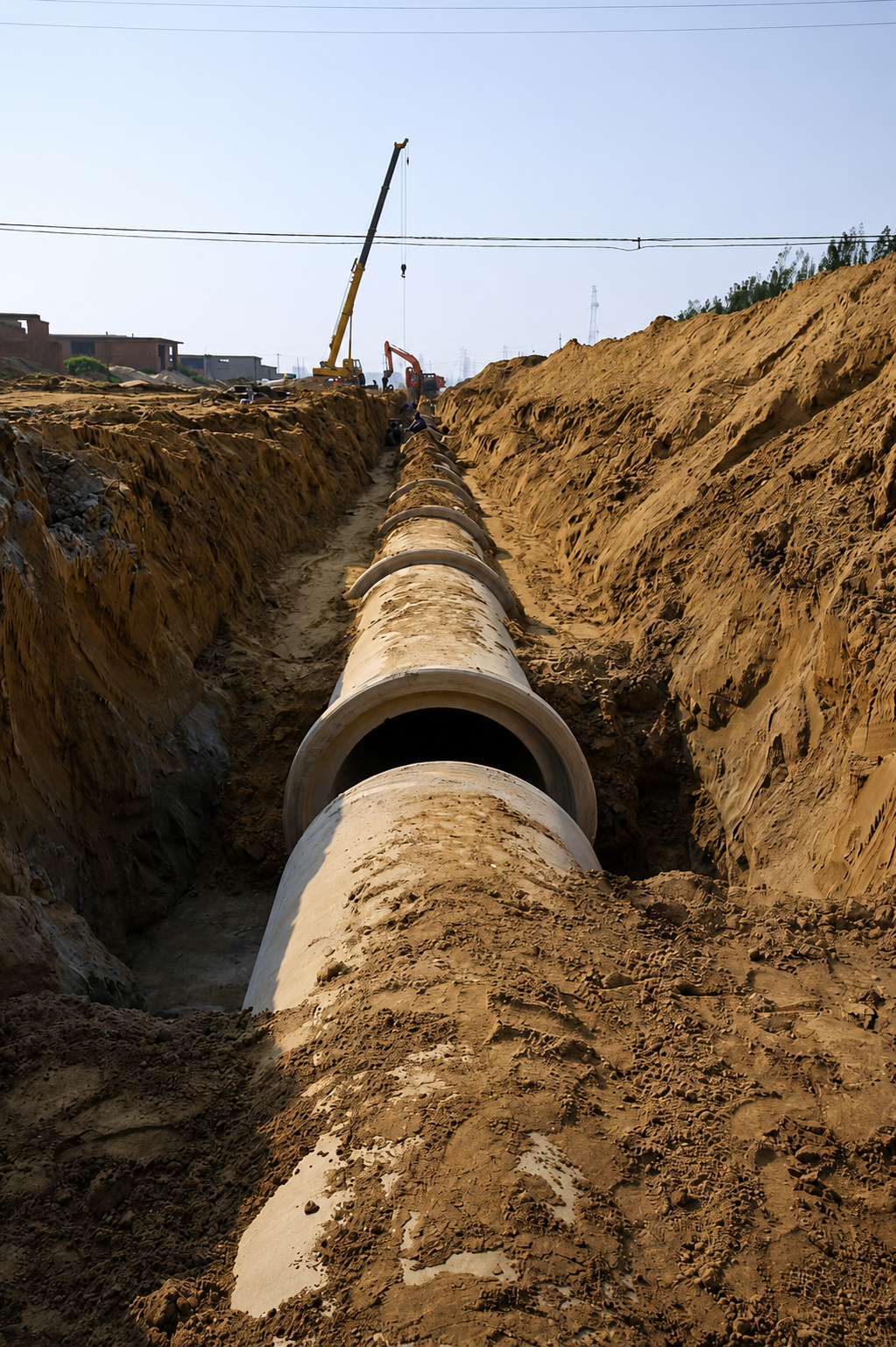 RCC pipe being laid in trench at construction site
